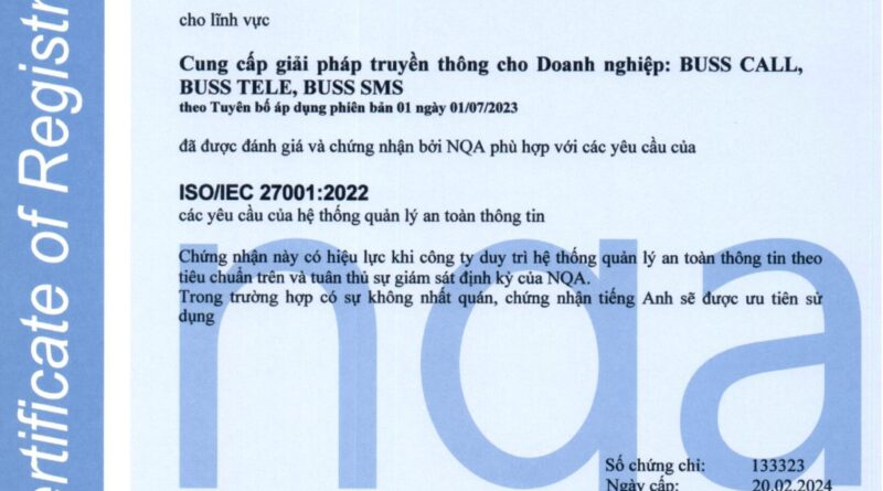 Chung chi tieng Viet ISMS 133323 CONG TY GIAI PHAP KET NOI 1 800x445 - Voip24h hoàn thành đánh giá chứng nhận ISO/IEC 27001:2022